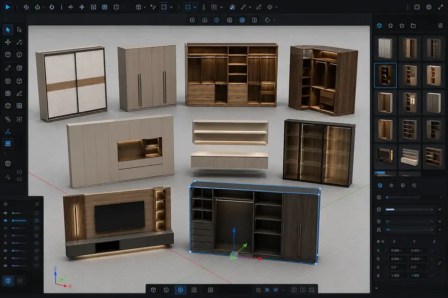 Prévia de Armários, closets e planejados em uma interface de modelagem 3D