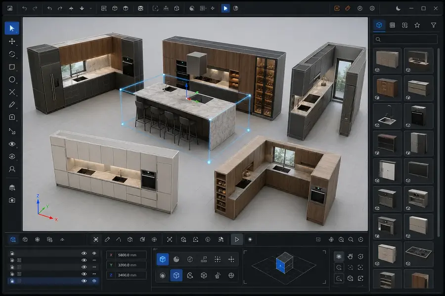 Prévia de Cozinhas planejadas em uma interface de modelagem 3D