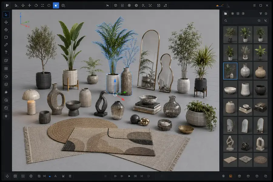 Prévia de Decoração, plantas e objetos em uma interface de modelagem 3D