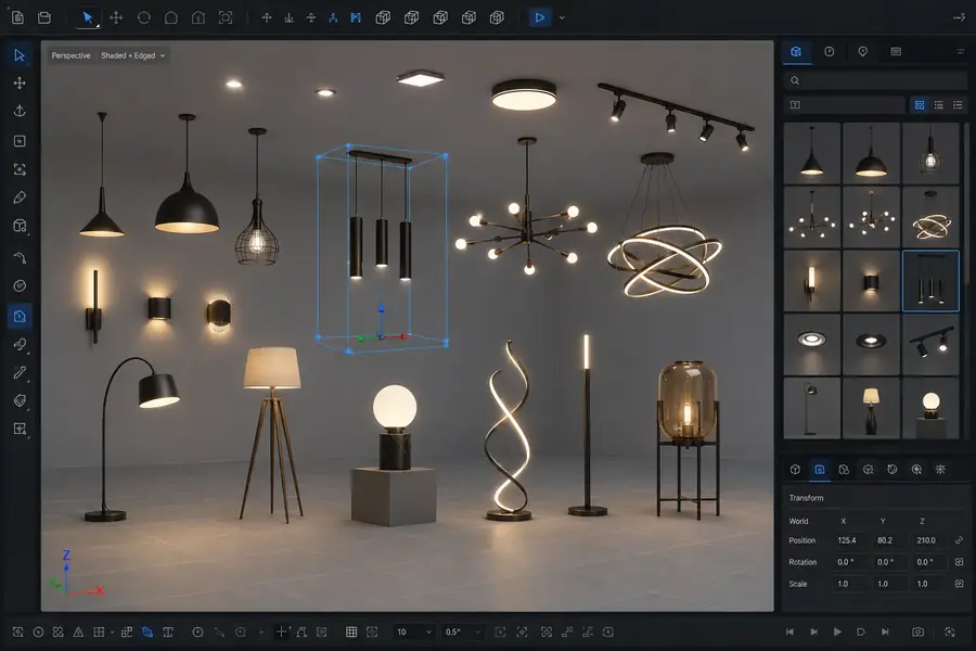 Prévia de Luminárias e iluminação em uma interface de modelagem 3D
