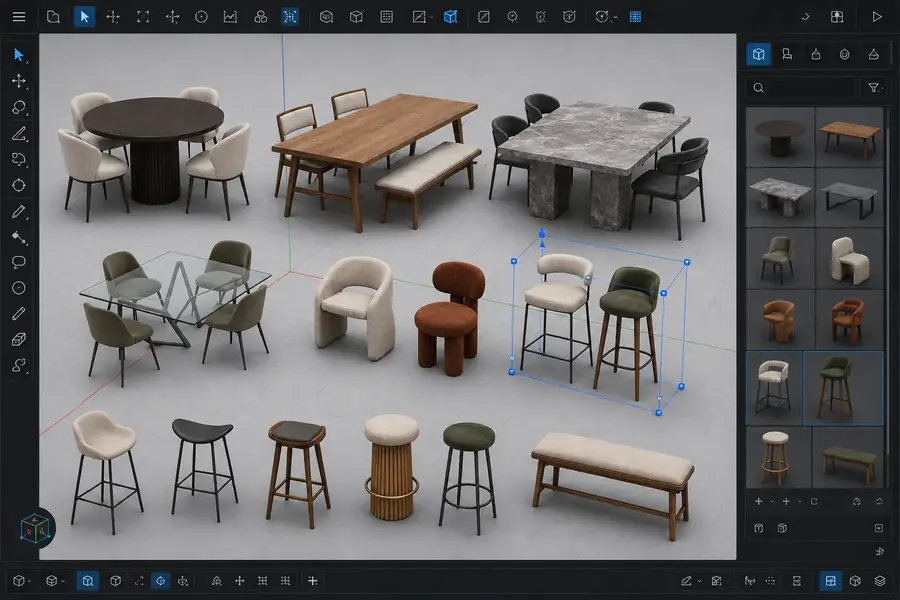 Prévia de Mesas, cadeiras e banquetas em uma interface de modelagem 3D