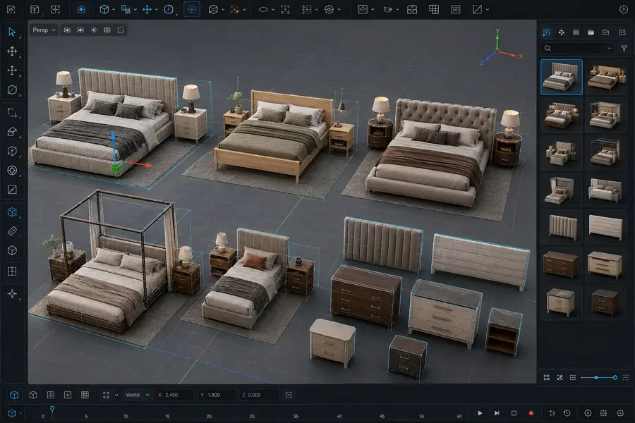 Prévia de Camas e quartos completos em uma interface de modelagem 3D