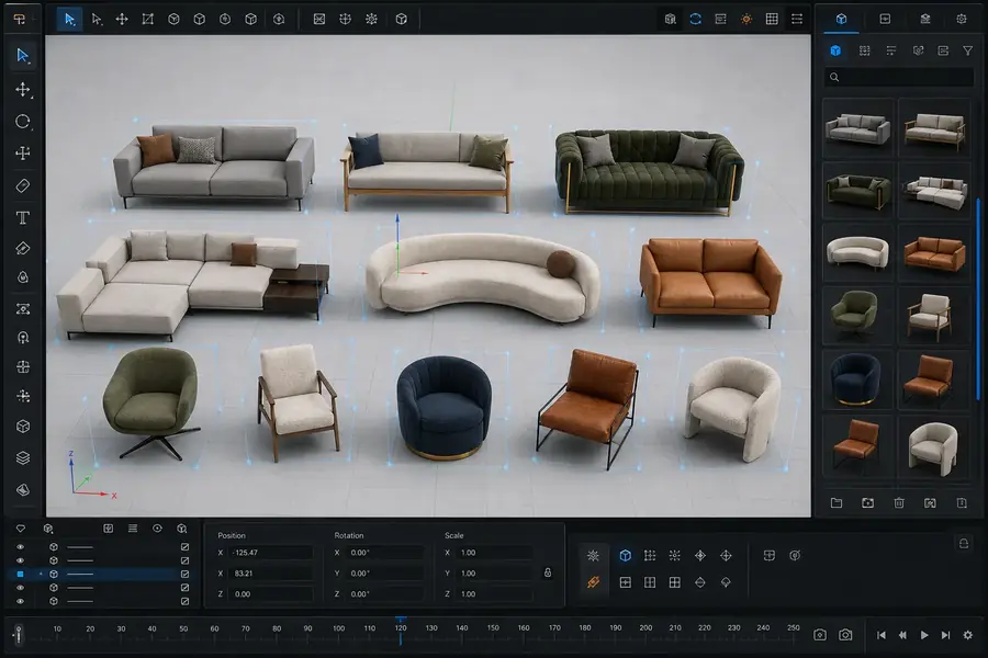 Prévia de Sofás e poltronas em uma interface de modelagem 3D