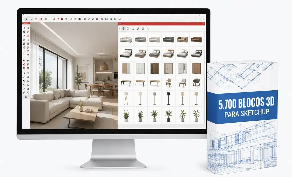 SketchUp aberto com uma biblioteca de blocos 3D e a caixa do produto